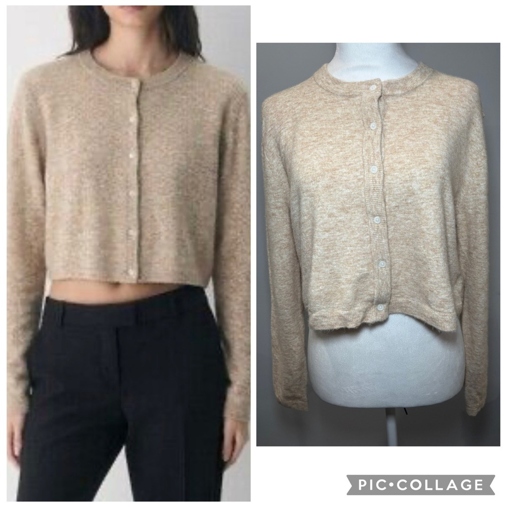 Aritzia Wilfred Cropped Cardigan XS Oatmeal Beige Cashmere Wool Blend Crewneck